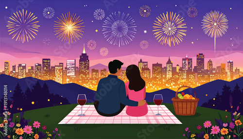 Romantic Silhouette Couple Sitting on Blanket at Hilltop Watching - Vector Illustration