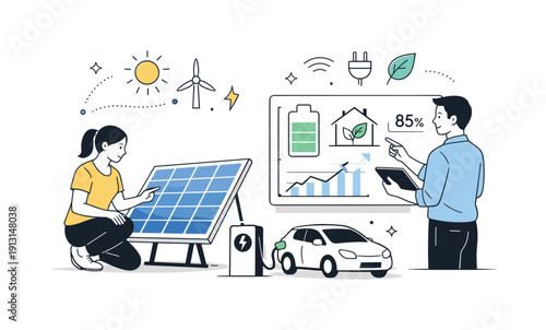 Future renewable energy systems. People interacting with solar panels and smart energy interfaces, focused and confident mood. Simple icons
