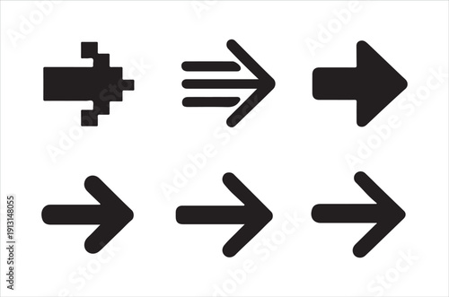 A collection of black arrow icons in various styles and orientations