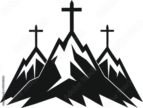 A stark black and white illustration depicts three mountain peaks each surmounted by a christian cross high quality