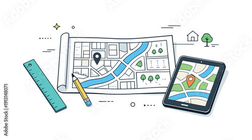 Urban planning offices. Minimal scene with city blueprint, ruler, and digital tablet on a desk, no characters. Quiet focus on planning tools