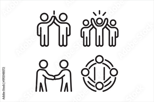 Line art icons depicting people connecting collaborating and forming groups