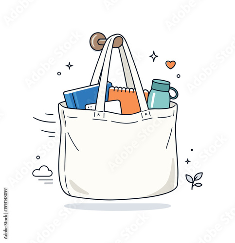 Canvas tote bag. Tote bag hanging on a hook or chair, gently filled with books, notebook, and reusable bottle. Everyday urban calm and