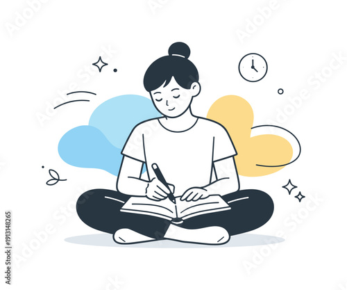 Calm concentration scene. A character sitting cross-legged or upright, focusing on a single task, with gentle abstract shapes showing quiet