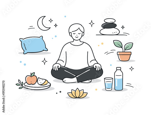 Health without fitness culture. Abstract editorial scene with a calm figure surrounded by soft symbols of rest, food, water, and balance.