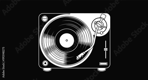 Vintage vinyl record player illustration, retro turntable with spinning LP disc vector isolated on black background