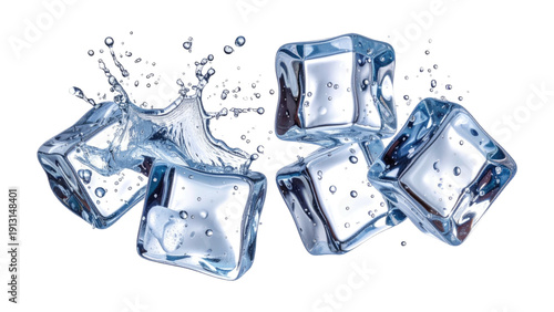 Flying Ice Cubes with Dynamic Water Splash on White Background