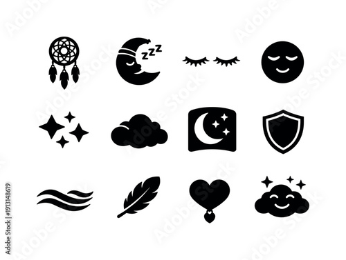 Sleep Protection Icons. Sleep Protection Symbols. Solid icon set of Sleep Protection Symbols: dream catcher, sleeping moon, closed eyes, peaceful face, star
