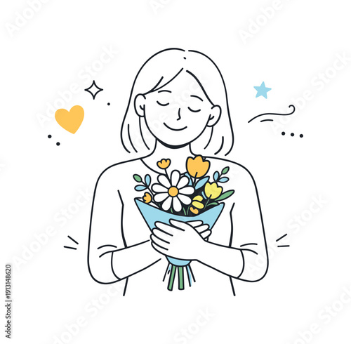 Receiving flowers or a thoughtful gesture. Person holding a bouquet close to the chest, calm smile and relaxed body language. Moment of
