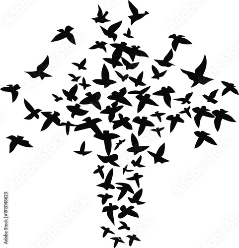 A large flock of black birds takes flight forming an abstract dynamic shape against a white background