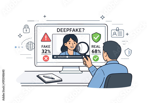 Deepfake Detection Analysis. Deepfake detection and verification. Analyst reviewing a video frame with warning icons and accuracy markers. Focused