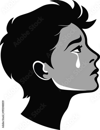 A grayscale profile of a woman s face displaying a single tear conveying sadness and emotional distress