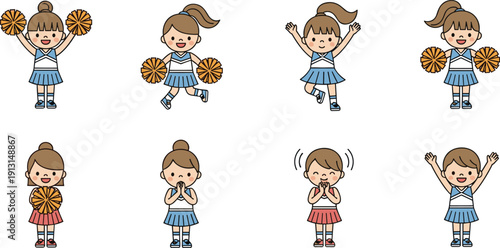 Cute cheerleader girl character set with pom poms, cheering poses and happy cartoon expressions