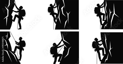 Rock climber silhouette collection, mountaineering sport adventure on cliff wall vector illustration isolated on white background