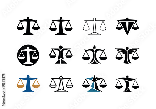 Human rights. Icon set. Set Logo of human rights: balanced justice scales. harmonious logo variations of the same emblematic concept, each