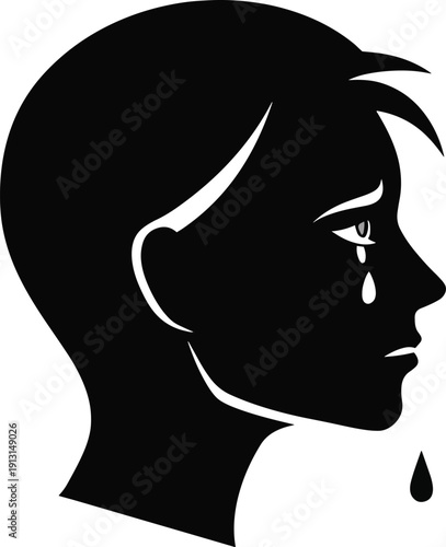 A stark black silhouette of a woman s head in profile depicting sadness with a single falling tear