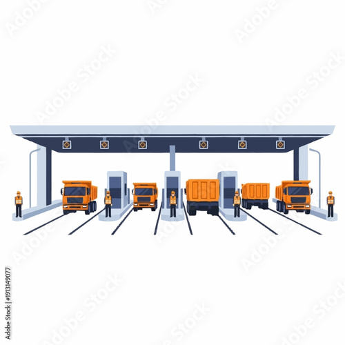 Orange Trucks at Industrial Loading Bay.