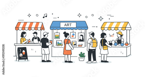 Food and art festival scene. Small booths with food or art displays and a few visitors browsing casually. The illustration conveys