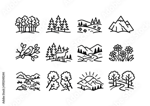 Aspen Nature. Line icon set of Aspen Nature: aspen tree grove, pine forest, alpine meadow, mountain peak, bird in tree, deer in woods, river