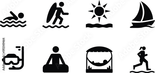 Set of summer beach icons featuring swimming, surfing, sailing, snorkeling, yoga, relaxing in a hammock, and running by the sea.
