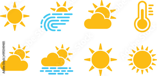 Set of summer weather icons featuring bright sun symbols, clouds, heat thermometer, sunbeams, and sunny day atmospheric conditions for forecast.