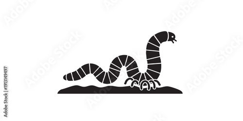 Earthworm icon, flat black and white, minimal vector, silhouette, isolated, simple design, soil crawler symbol