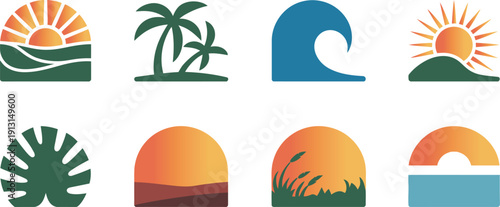 Set of colorful tropical summer icons featuring ocean waves, palm trees, sunrises, sunsets, monstera leaves, and coastal landscape nature illustrations.