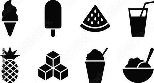 Set of summer food black icons including ice cream cone, popsicle, watermelon slice, cold drink, pineapple, ice cubes, and sorbet.