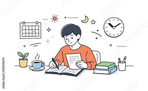 Peaceful home study space. A student reviewing notes with a cup of tea nearby, surrounded by soft light and minimal furniture. The atmosphere