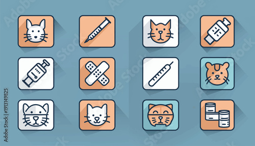 Pet Care Kit and Veterinarian Vet Clinic Icons - Flat Vector Illustration