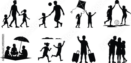 A collection of black silhouettes depicts families enjoying various outdoor leisure activities together high-quality professional detailed