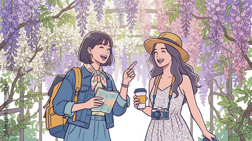 藤棚を楽しむ女性二人の女子旅イラスト｜春の観光・散策シーン