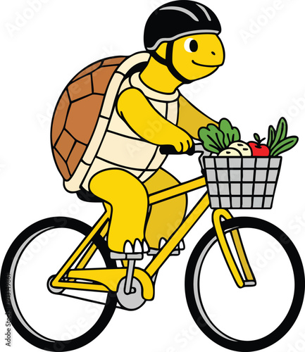 Turtle on Bicycle delivering groceries basket fresh produce