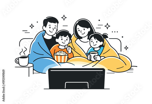 Family holiday movie tradition. A simple editorial scene showing a family watching movies together, wrapped in blankets with a glowing