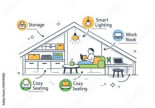 Smart use of attic space. Compact storage, seating, and lighting solutions neatly integrated into the attic layout. Practical editorial