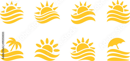 A collection of stylized golden sun and wave icons alongside palm trees and umbrellas high-quality professional