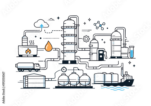 Oil refinery schematics. A simplified diagram of an oil refinery with towers, pipes, and storage tanks connected by clean flow lines. Calm