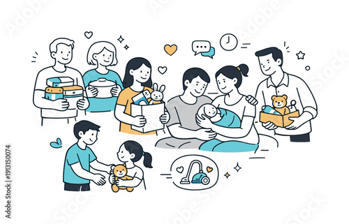 Helping someone with a new baby or adopting children. A friendly scene showing relatives or friends bringing supplies and offering help to