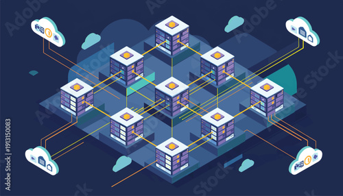 Isometric Vector Concept of Cloud Computing Data Centre Servers Network - Illustration