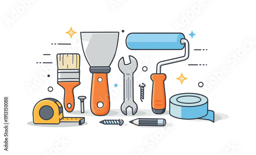 DIY home renovation tools. Editorial illustration featuring a putty knife alongside other basic tools like a paint roller or brush, neatly