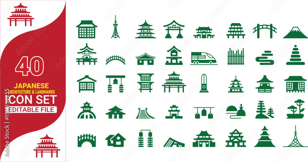 Obraz premium Collection of green and red Japanese landmark and cultural icons with number forty