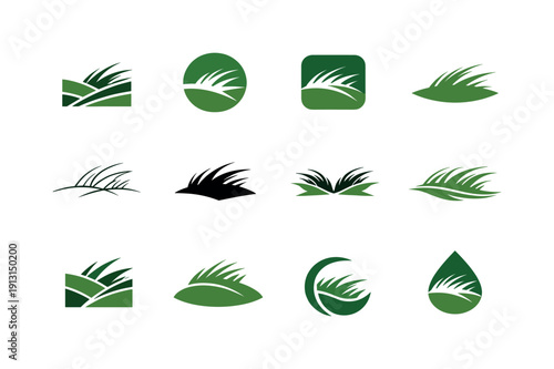 Grass. Icon set. Set Logo of Grass: wind-swept grassy field. harmonious logo variations of the same emblematic concept, each with different