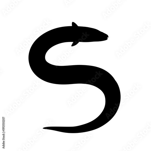 Silhouette of an eel in an S shape.