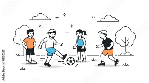 Carefree Soccer Day. Weekend soccer with friends. A relaxed park scene with friends taking turns kicking the ball, trees and sky hinted in simple shapes. The