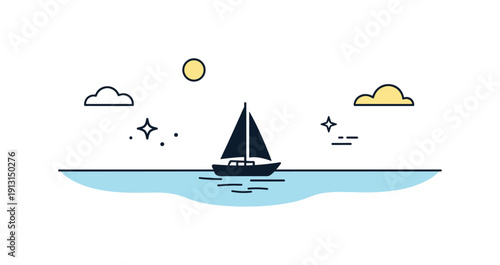 Lonely Sailboat Silhouette. Lonely sailboat view. A small sailing boat silhouetted against sky and sea meeting at the horizon. Clean editorial composition with