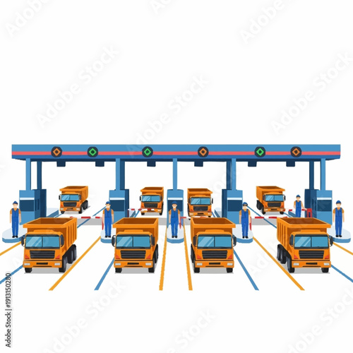 Toll Booth with Multiple Orange Trucks.
