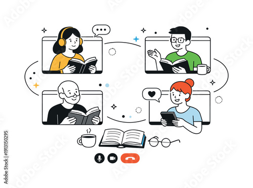 Online book club. Characters connected through screens, reading and talking via video call, calm and cozy digital interaction. Sense of