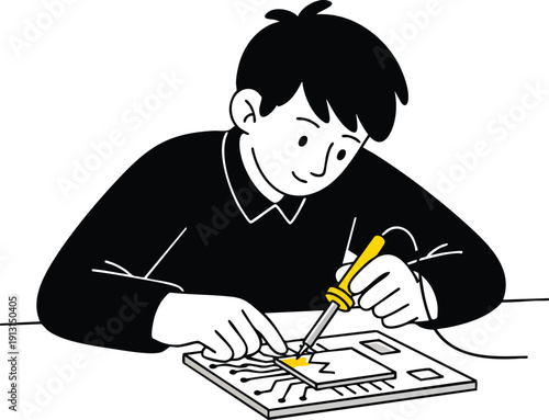 Student soldering circuit board on workbench