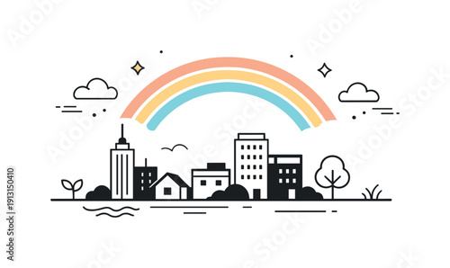 Rainbow after rain. A simple city or landscape silhouette with a rainbow appearing above, suggesting calm after a storm. The mood