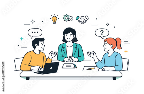Conflict resolution in the workplace. Two colleagues calmly discussing an issue at a table while a mediator listens. The scene conveys